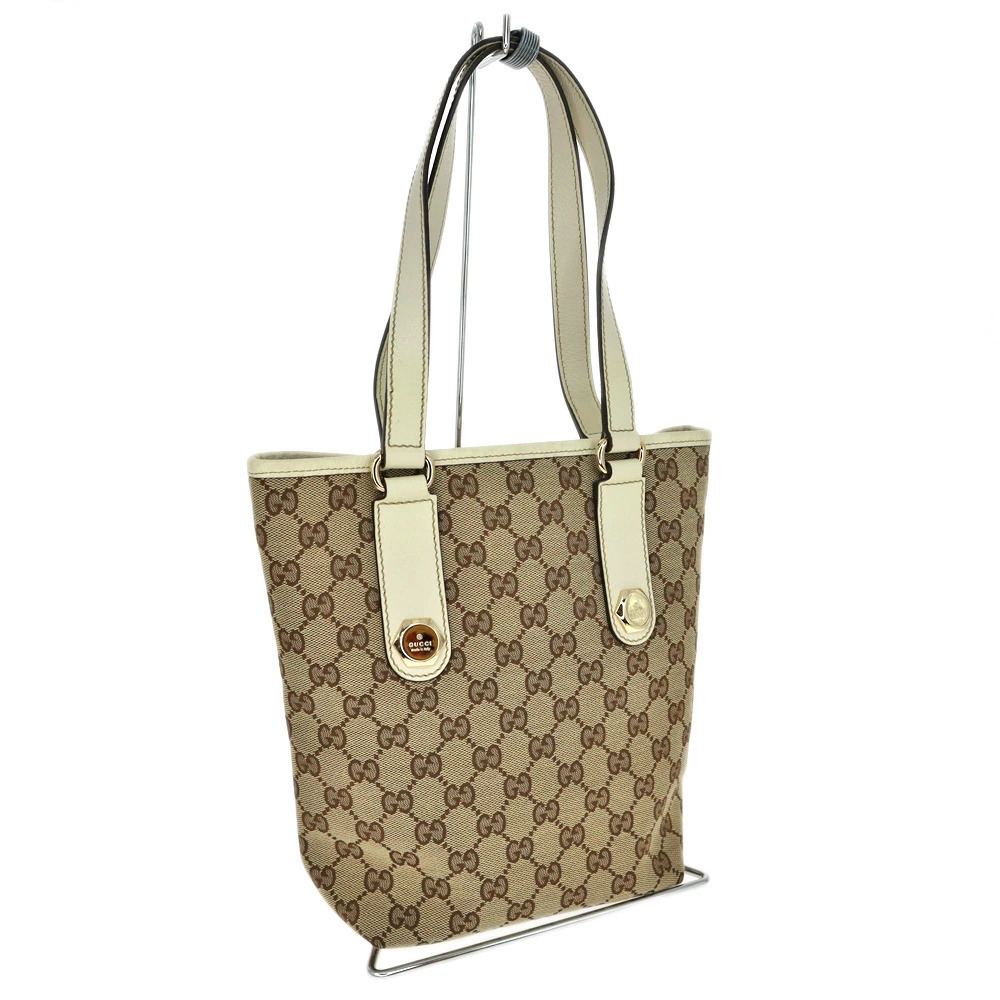 Gucci GG Canvas Charmy Tote beige canvas white leather